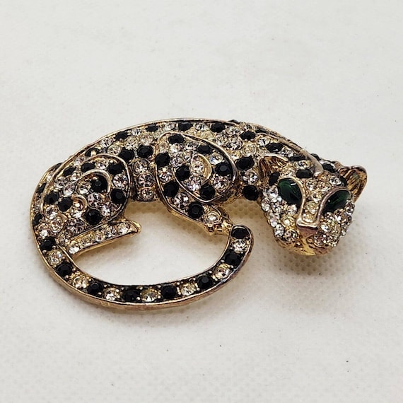 Large Green Eyed Leopard Rhinestone Brooch