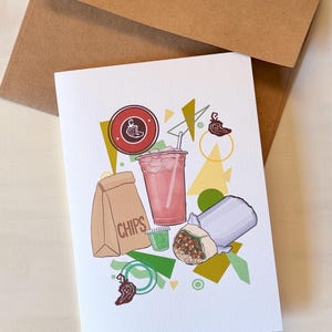 May include: A white card with a colorful illustration of a burrito, chips, a drink, and a small container of salsa. The illustration is in a geometric style with a red, white, and green color scheme. The text "CHIPS" is printed on the bag of chips.