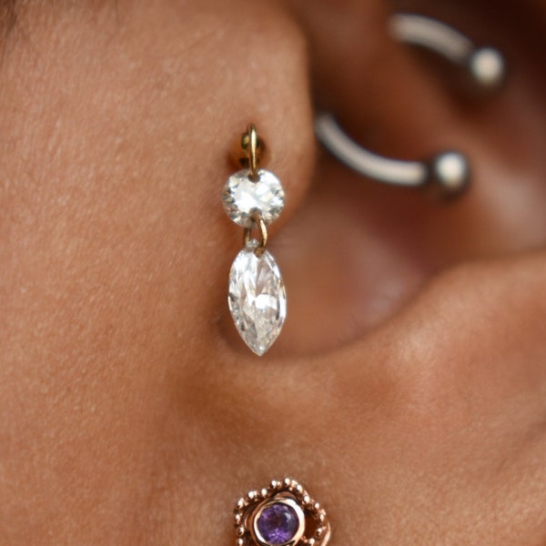 Floating Marquise Lab Grown Diamond Stud Earring, 16g Threaded Flatback Piercing Stud, 14k 18k Solid Gold Jewelry, Unique Ear Set Up