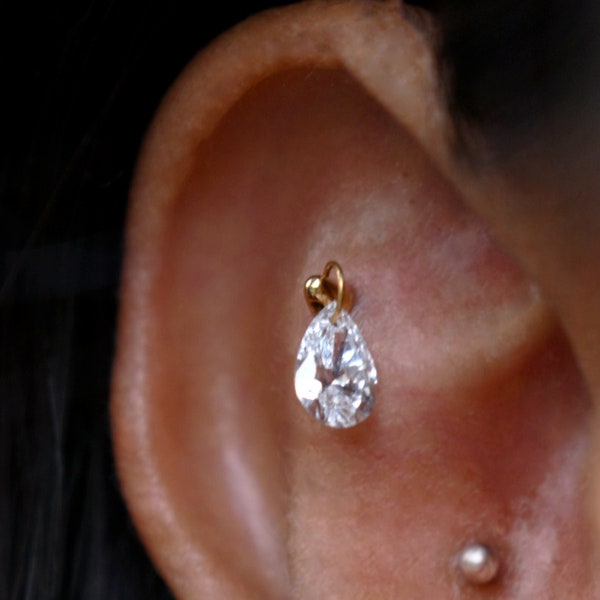 Floating Pear Lab Grown Diamond Stud Earring, 16g Threaded Flatback Piercing Stud, 14k 18k Solid Gold Jewelry, Unique Ear Set Up