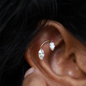 Doppelt schwimmender Marquise Lab Diamant Ohrstecker, versteckte Helix Piercing, 16g eingefädelter Flatback Bolzen, 14k 18k Solid Gold Schmuck
