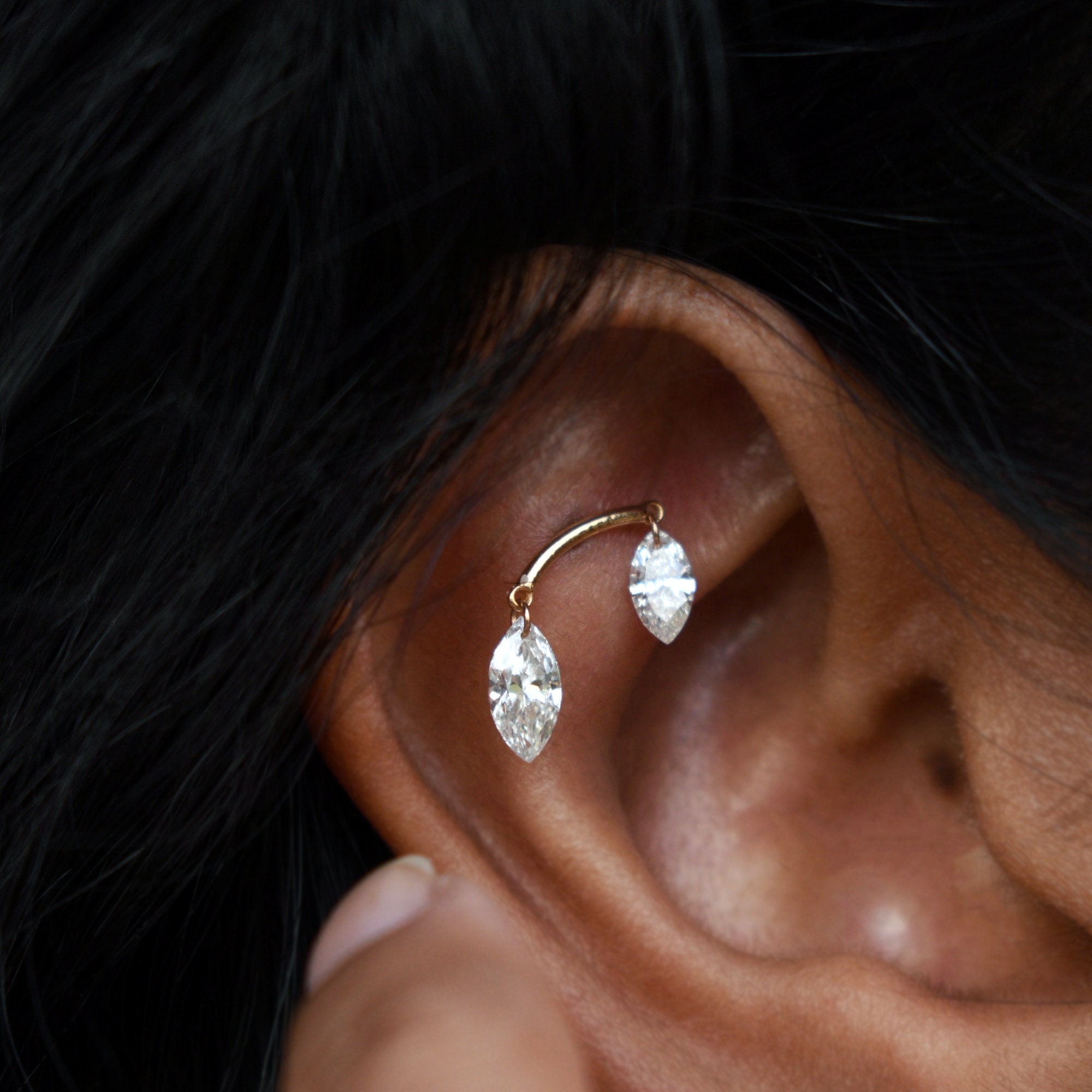 Double Floating Marquise Lab Diamond Stud Earring, Hidden Helix Piercing, 16g Threaded Flatback Stud, 14k 18k Solid Gold Jewelry