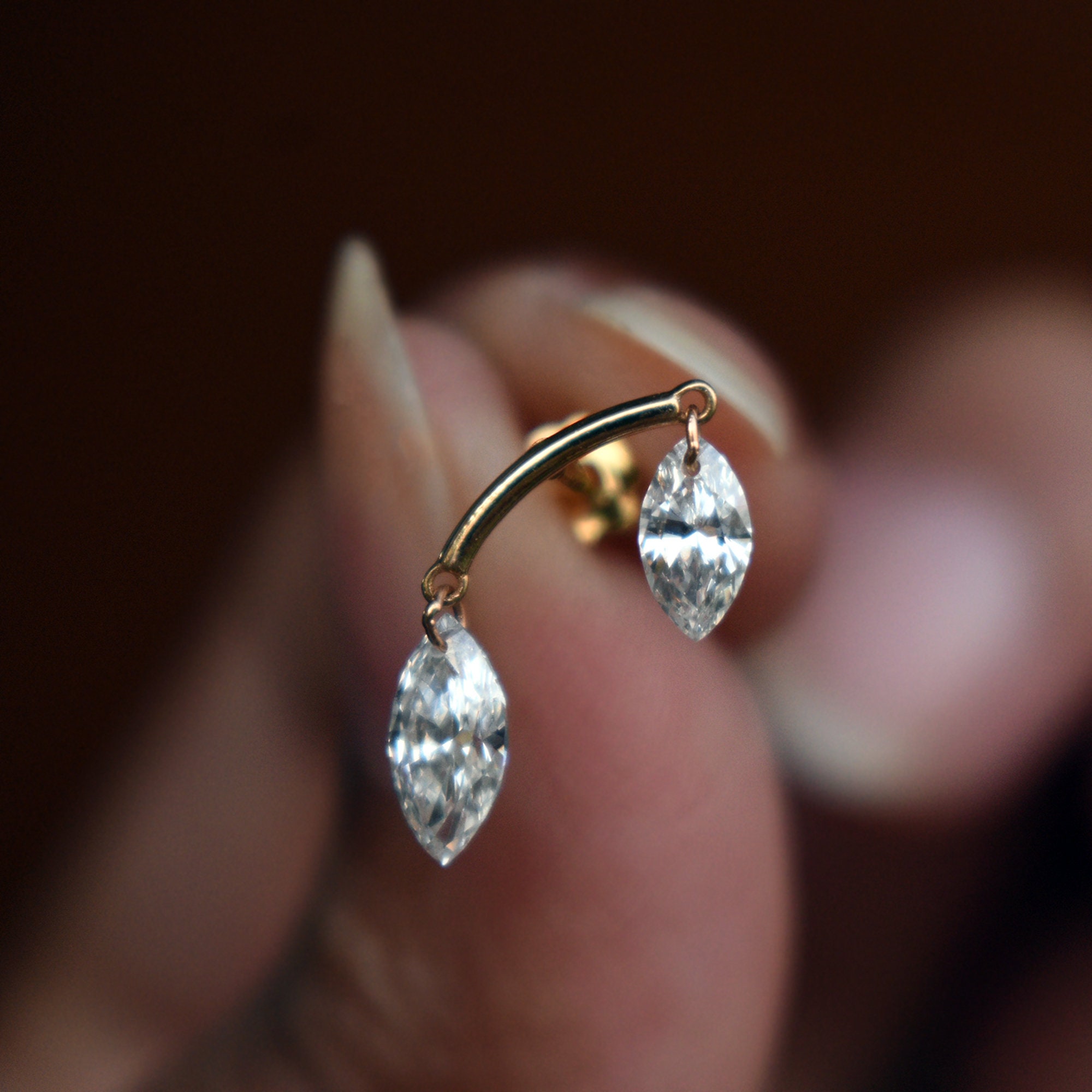 Double Floating Marquise Lab Diamond Stud Earring, Hidden Helix Piercing, 16g Threaded Flatback Stud, 14k 18k Solid Gold Jewelry