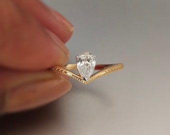 0.40 Ct Pear Cut Lab Diamond Engagement Ring in 14k Solid Gold,  Chevron Band with Milgrain, Solitaire Pear Promise Ring for Her
