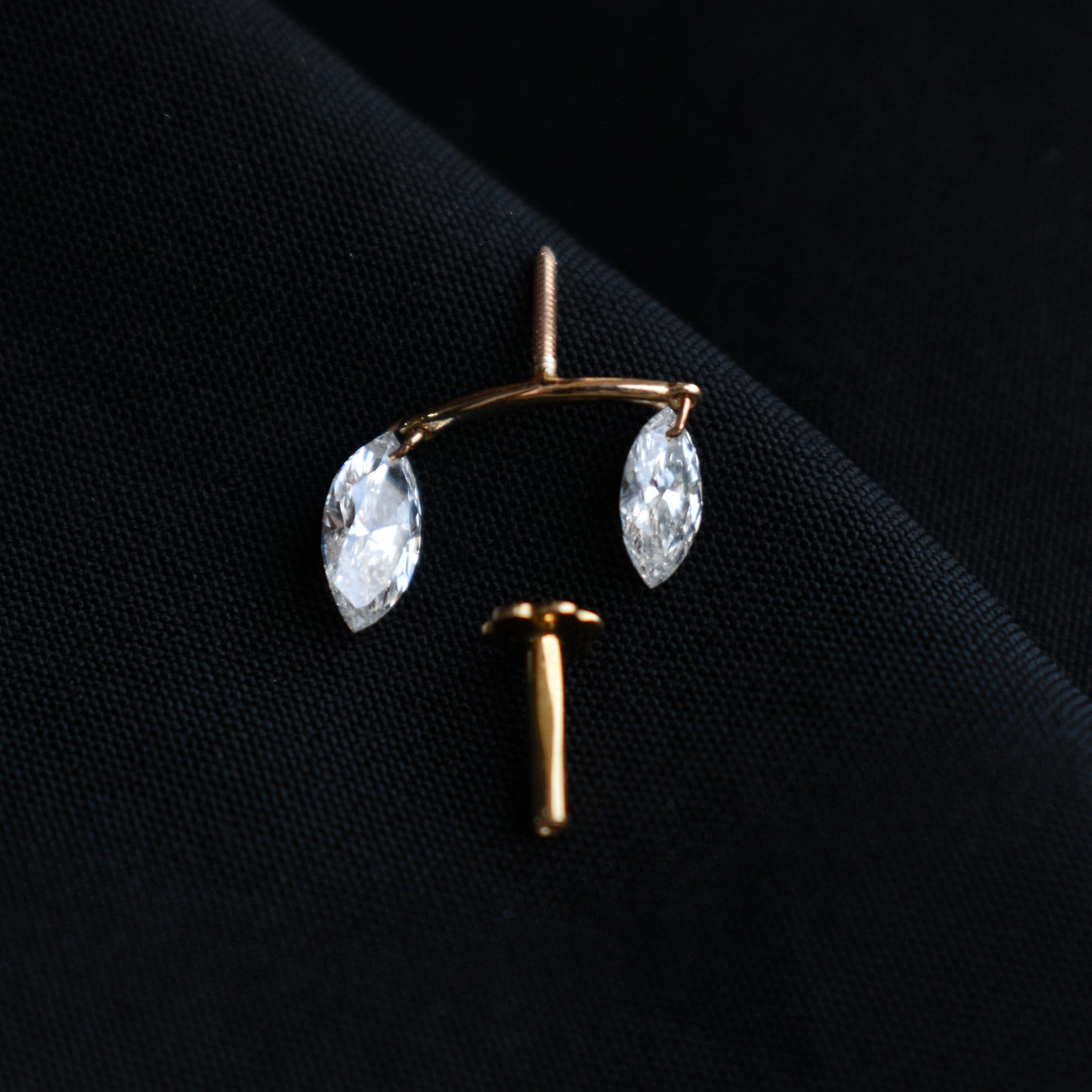 Double Floating Marquise Lab Diamond Stud Earring, Hidden Helix Piercing, 16g Threaded Flatback Stud, 14k 18k Solid Gold Jewelry