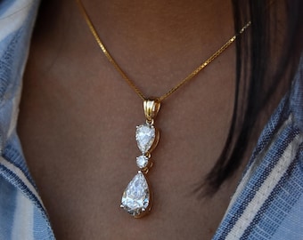 5+2 Carat Large Pear Diamond Pendant Necklace, IGI Certified Lab Grown Diamond Long 3 Solitaire Pendant Charm, Solid Gold Solitaire Necklace