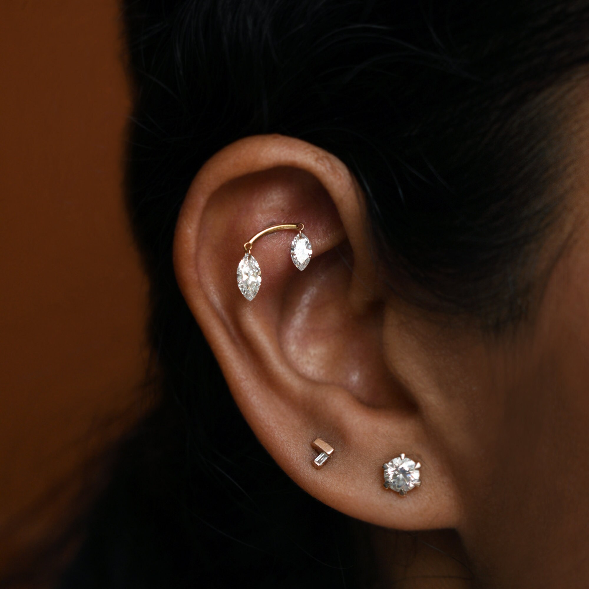 Double Floating Marquise Lab Diamond Stud Earring, Hidden Helix Piercing, 16g Threaded Flatback Stud, 14k 18k Solid Gold Jewelry