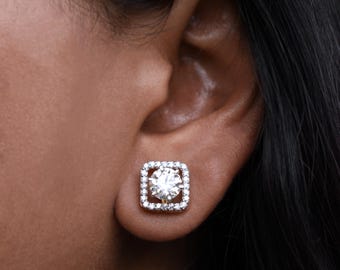 3 4 Carat Diamond Earrings with Detachable Diamond Jacket, 14k 18k Solid Gold & Diamond Halo Ear Studs, Round Diamond Enchancer Stud
