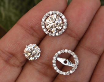 3 4 Carat Diamond Earrings with Detachable Diamond Jacket, 14k 18k Solid Gold & Diamond Halo Ear Studs, Round Solitaire Enchancer Earrings