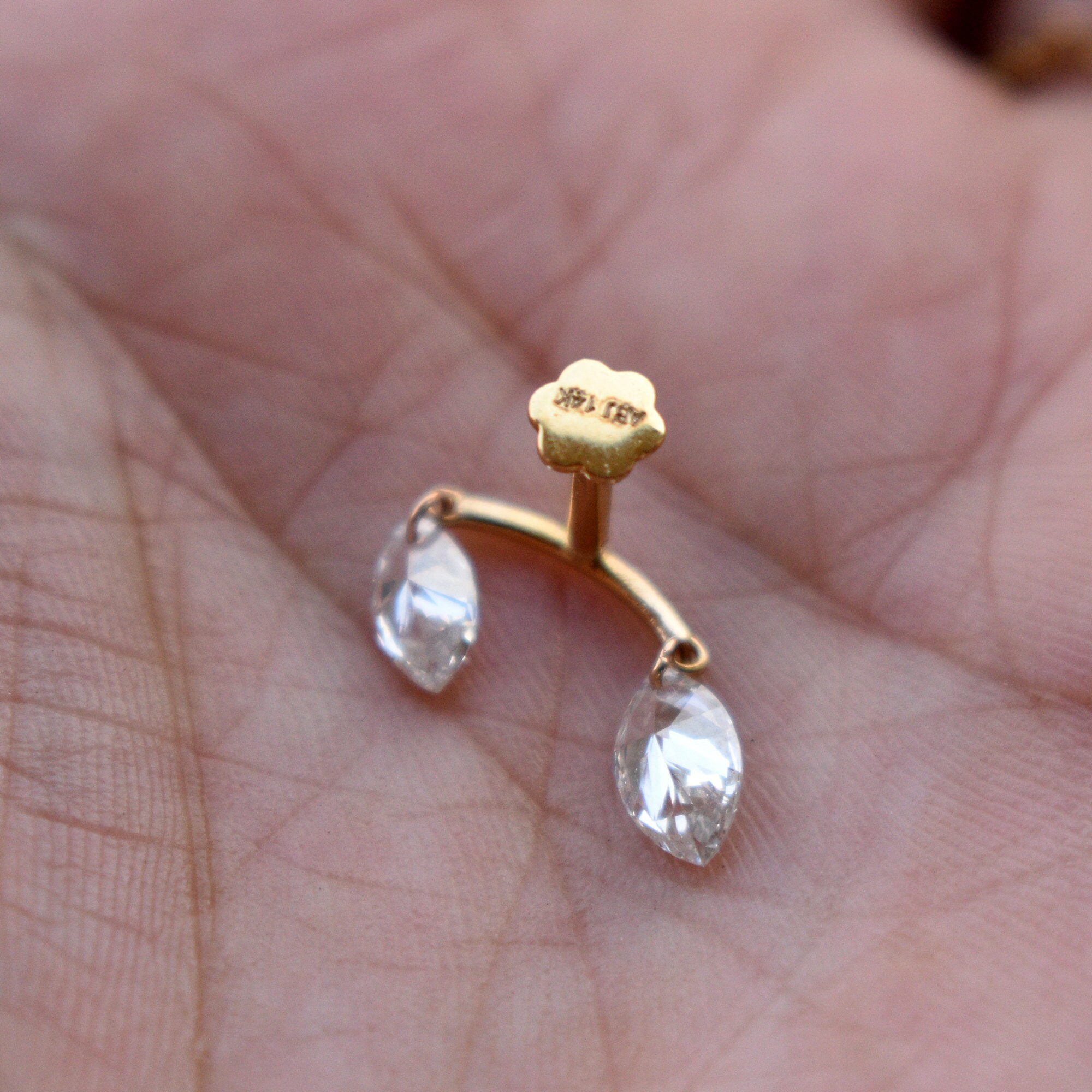 Double Floating Marquise Lab Diamond Stud Earring, Hidden Helix Piercing, 16g Threaded Flatback Stud, 14k 18k Solid Gold Jewelry