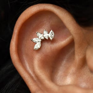 Marquise Diamond Curved Stud Earring, 14k 18k Solid Gold Helix Conch Flat Piercing Jewelry, Lab Diamond Stud, Everyday Stylish Gold Earring