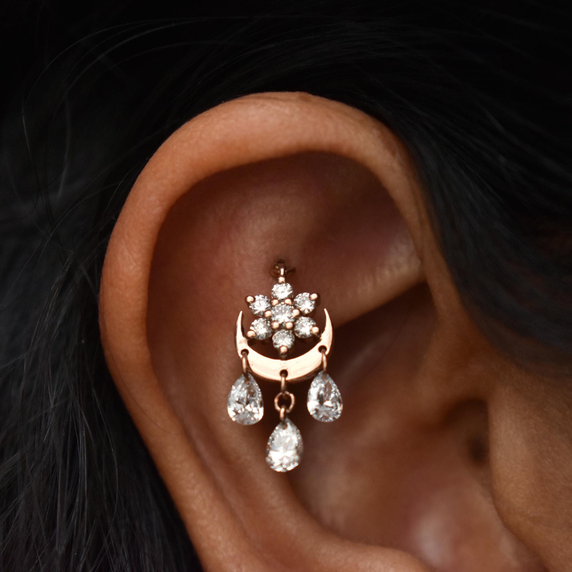 Crescent Moon Flower Stud With Diamond Raindrops, 14K 18K