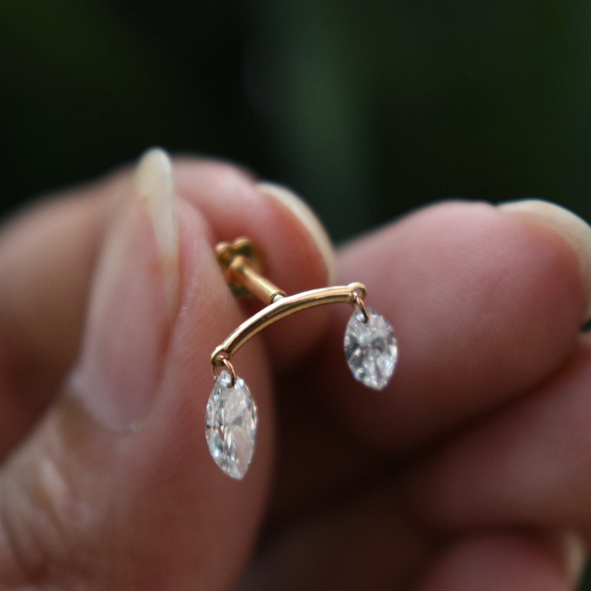 Double Floating Marquise Lab Diamond Stud Earring, Hidden Helix Piercing, 16g Threaded Flatback Stud, 14k 18k Solid Gold Jewelry