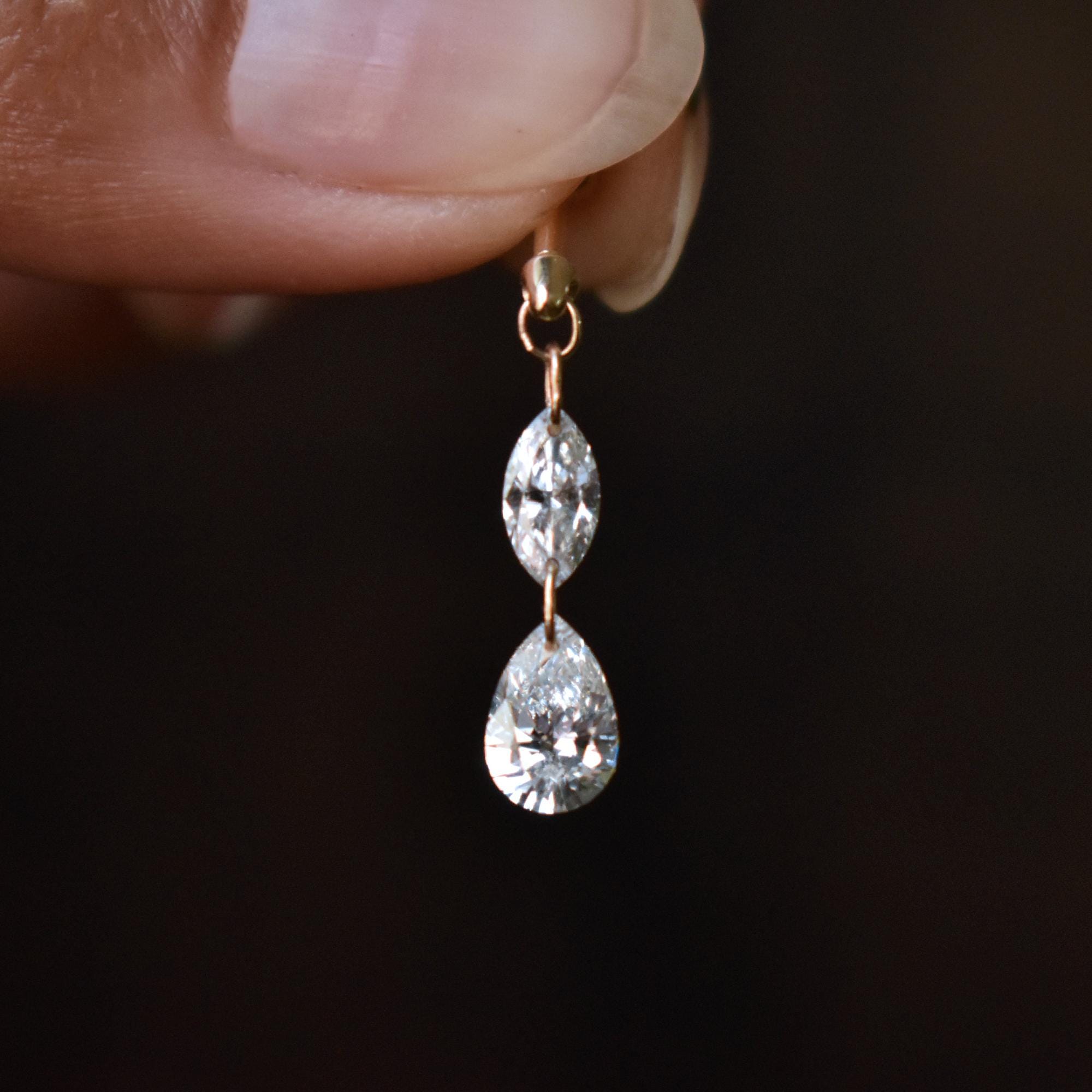 Floating Pear & Marquise Diamond Dangle Earring, 14k 18k Solid Gold Piercing Jewelry, Drilled Diamonds Long Ear Stud, Big Diamond Earrings