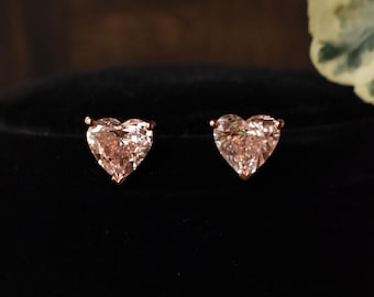 3 Carat Pink Heart Diamond Earrings, 14k 18k Solid Rose Gold Solitaire Studs, Gold Screwback Pushback Ear Studs, Big Diamond Bridal Earring