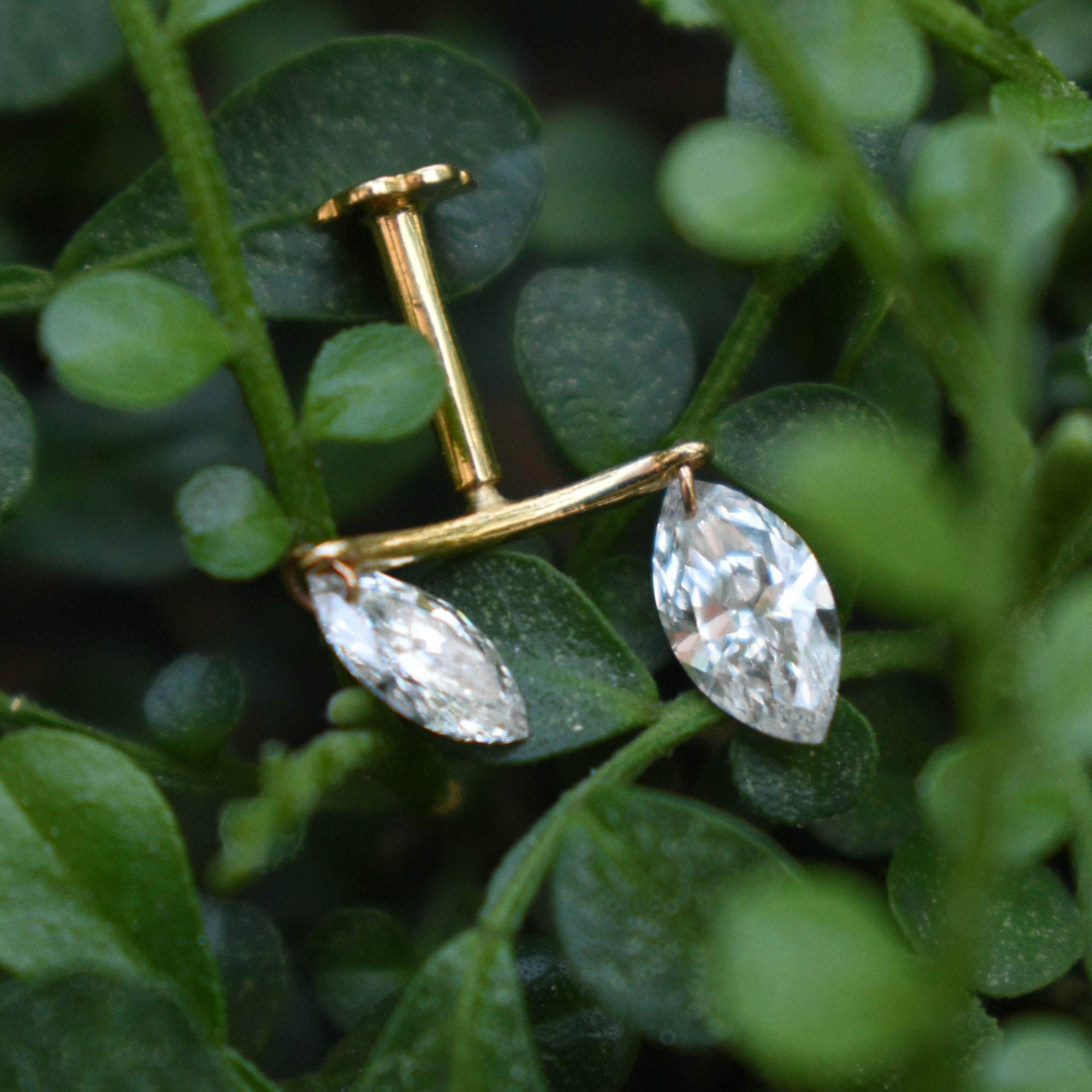 Double Floating Marquise Lab Diamond Stud Earring, Hidden Helix Piercing, 16g Threaded Flatback Stud, 14k 18k Solid Gold Jewelry