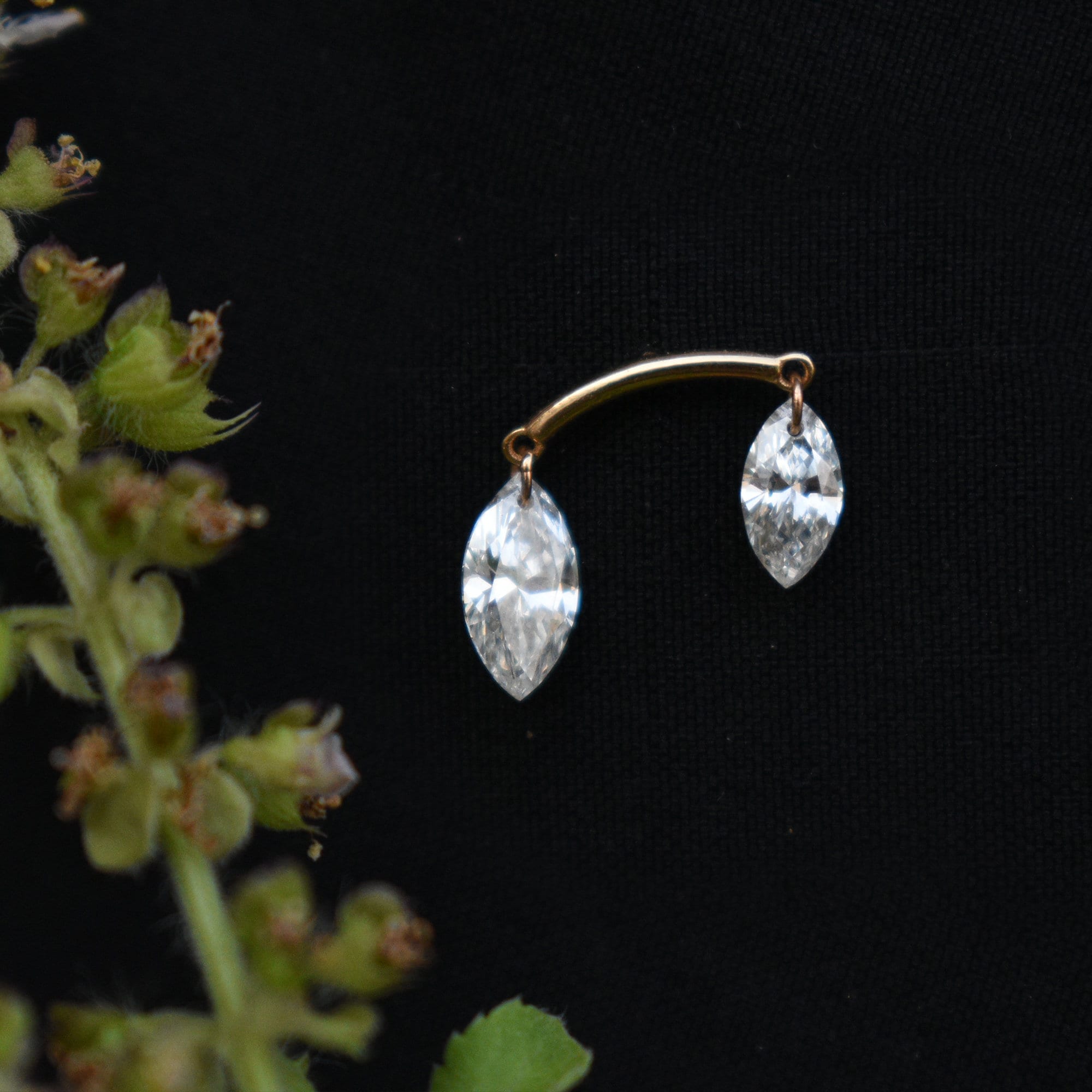 Double Floating Marquise Lab Diamond Stud Earring, Hidden Helix Piercing, 16g Threaded Flatback Stud, 14k 18k Solid Gold Jewelry