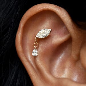 マーキス ラボ ダイヤモンド スタッド、ダングル ドリル ペア ダイヤモンド、14k 18k ソリッド ゴールド イヤリング、フラット ローブ トラガス ピアス ジュエリー、ユニークな耳のセットアップ