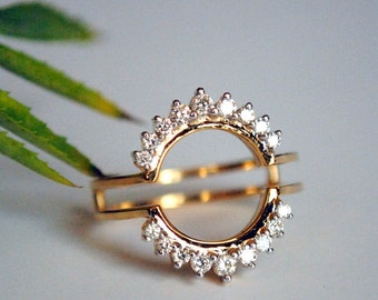 Lab Diamond Ring Guard for Round Solitaire Ring, Classic Halo Ring Enhancer in Solid 14K Gold, Lab Grown Diamond Wedding/ Proposal Ring