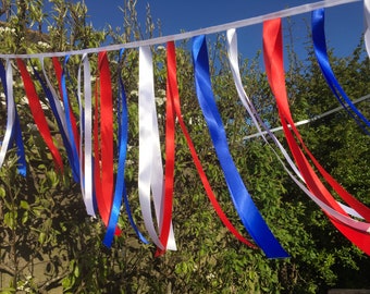 Ribbon garland - 6 meters. Handmade with quality satin ribbon. Traditional red, white and blue. Garden party bunting. Fiesta decorations.