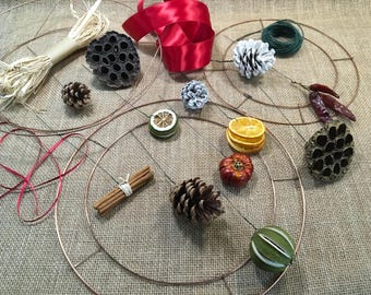 Wreath making supplies. Make your own Christmas wreath. Christmas Wreath making kit. Wired wreath attachments. DIY natural Christmas wreath.