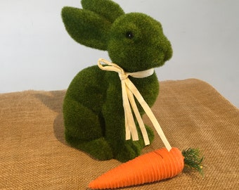 Large flocked Easter Bunny with large carrot. 26cm high. Easter home decor. Spring home decor.