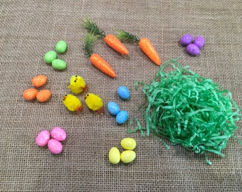 Easter bonnet attachments. Easter Crafts. Mini chicks. Mini Glitter carrots. Mini glitter eggs. Easter grass.