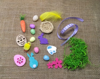 Little box of Easter. Selection of small Easter themed items. Easter photo props. Easter crafts and wreath accessories.