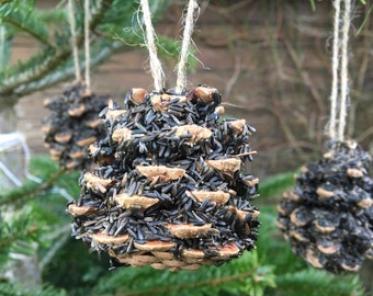 Niger (nyjer) seed bird feeders - Set of 6 natural pine cones loaded with niger seed. Eco bird feeder. Gardening gift