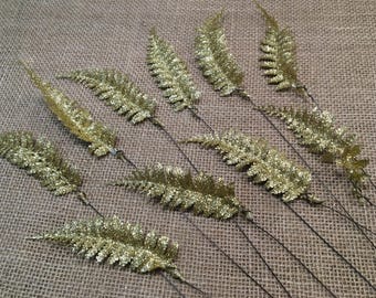 Gold Glitter Fern Leaf Picks: Wired Wreath Accent (Set of 10)