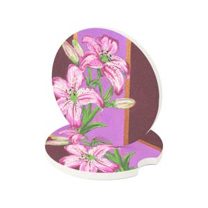 Tigerlily Painting Soapstone Car Coaster | Round Stone Drink Holder