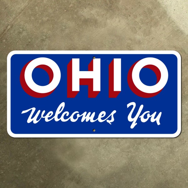 Ohio Welcomes You state line highway marker road sign 1965 red white blue