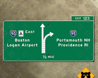 Interstate 90 Massachusetts Turnpike Mass Pike Boston Logan Airport Interstate 95 Portsmouth NH Providence RI highway exit road sign