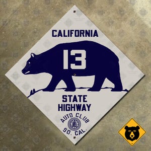 California State Highway 13 ACSC Road Sign Auto Club AAA Diamond 1929 Bear