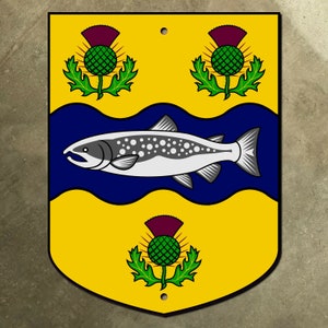 May include: A yellow shield with a blue wavy band across the center. The shield features three green thistles with purple flowers and a silver fish with black spots swimming in the blue band.