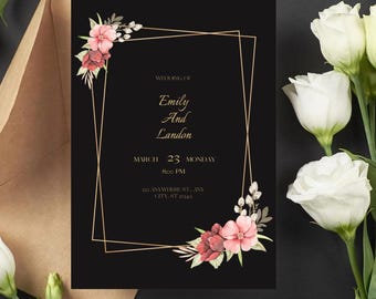 Editable Golden Floral Wedding Invitation and RSVP QR code Template - Digital Download, Printable Wedding Invitation Set