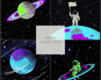 Set of 4 Space Wall Art Prints | Digital Download | 8x10 Galaxy , Astronaut, Planets & Moon Posters | Printable Outer Space Decor