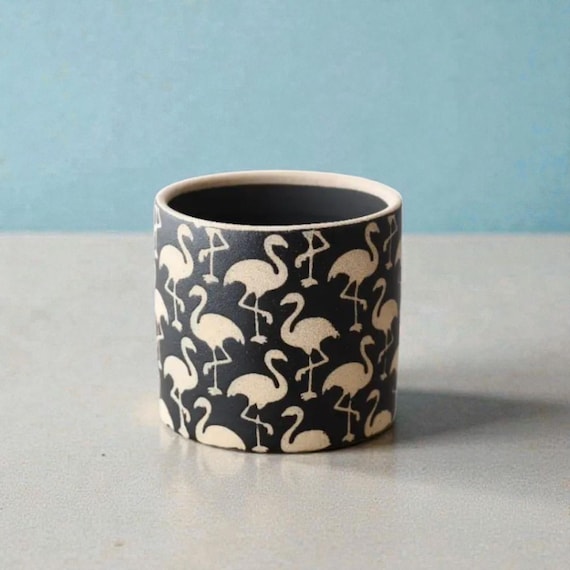 Stoneware Plant Pot: Black with Flamingo Design