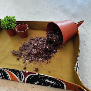 May include: A rectangular tray with a mustard-coloured interior and a patterned border. A terracotta pot is tipped over, spilling soil onto the tray. Two small terracotta pots and a small succulent plant are also present.