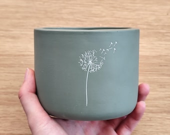 Steinzeug Pflanztopf: Salbeigrün mit Pusteblumen-Design
