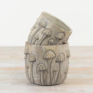 May include: Two stacked, light grey ceramic planters with a textured finish. The planters are decorated with a repeating pattern of raised mushroom designs. The planters are designed for indoor or outdoor use.