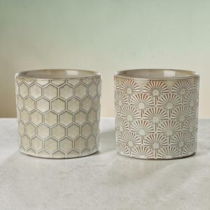 Può includere: Due vasi in ceramica in tonalità neutre. Uno presenta un motivo a nido d'ape, l'altro un motivo a raggiera. Questi vasi decorativi sono adatti per uso interno o esterno e aggiungono consistenza a qualsiasi spazio. Altezza circa 12 cm.