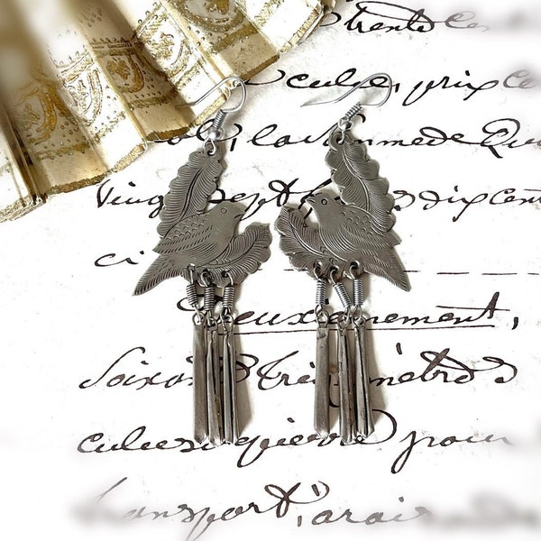 Vintage Thai Songbird Earrings | Silver Tone Metal | Drop Tassels | 8cm Drop Length | FREE GIFT BOX