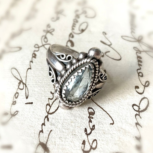 Vintage SILVER RING | Judged To Be Sterling Silver & Aquamarine (Untested) | SIZE P | Art Nouveau Style | Free Gift Box