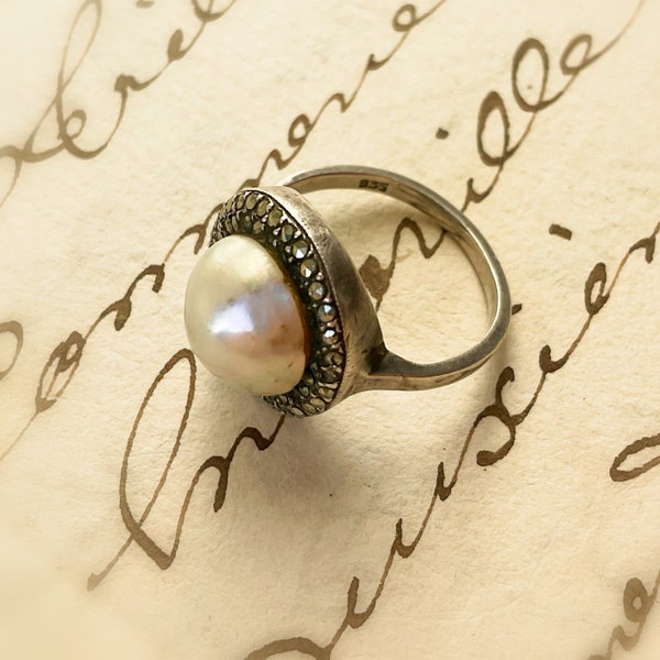 Antique Edwardian Button Pearl Ring  | Pearl and Marcasite | Hallmarked 935 Silver | Size G | GIFT BOX INCLUDED