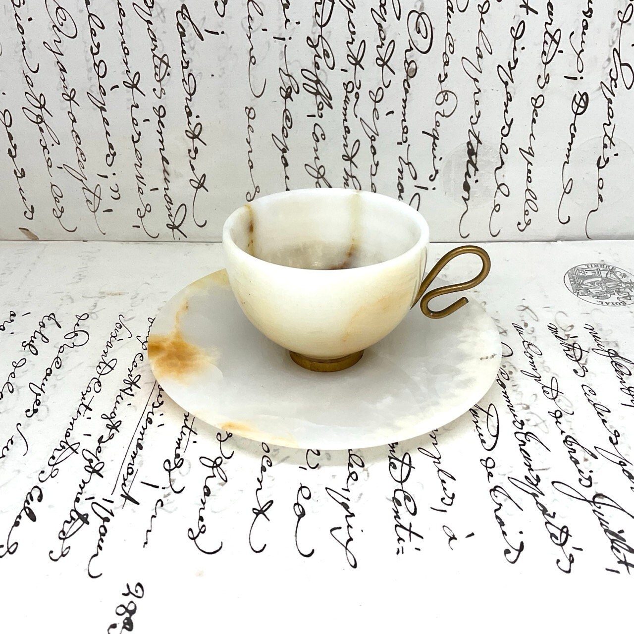 vintage-onyx-coffee-cup-saucer-marble-and-brass-retro-vintage