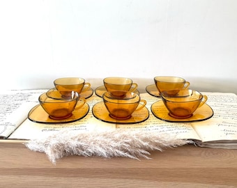 Vintage VERECO Square Amber Glass Cup Saucers Set of Six