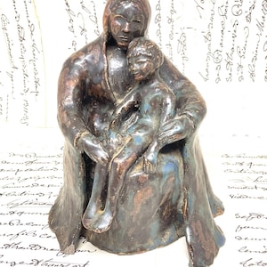Vintage Mother & Child Sculpture Figurine | Glazed Ceramic Bronze Effect | Possibly Vintage Russian | One Small Chip | 17cm Tall