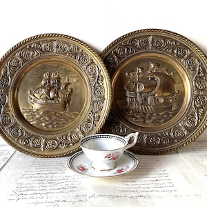 2 Vintage Brass Effect Wall Hangings | NAUTICAL THEME ~ Ships Galleons | Embossed Metal Plates