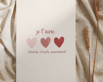 Carte Saint Valentin, Je t’aime, À la folie, passionnément, carte amour,  carte je t’aime